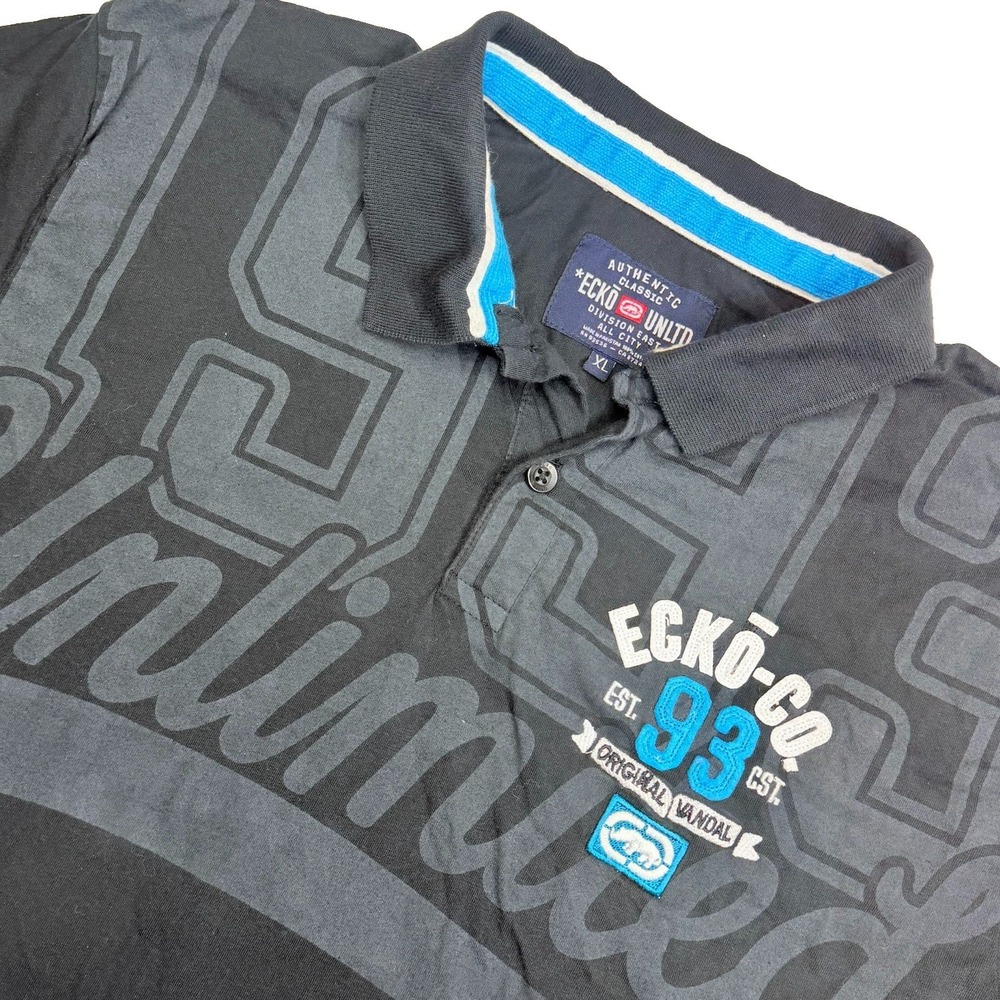 Ecko Unltd Y2K Polo Shirt Black XL Graphic Logo Cotton Short Sleeve